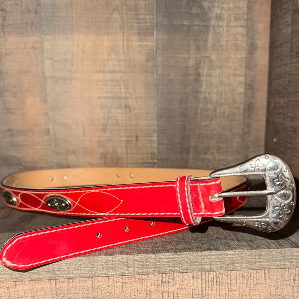 Red Leather Belt with Silver Buckle—XL